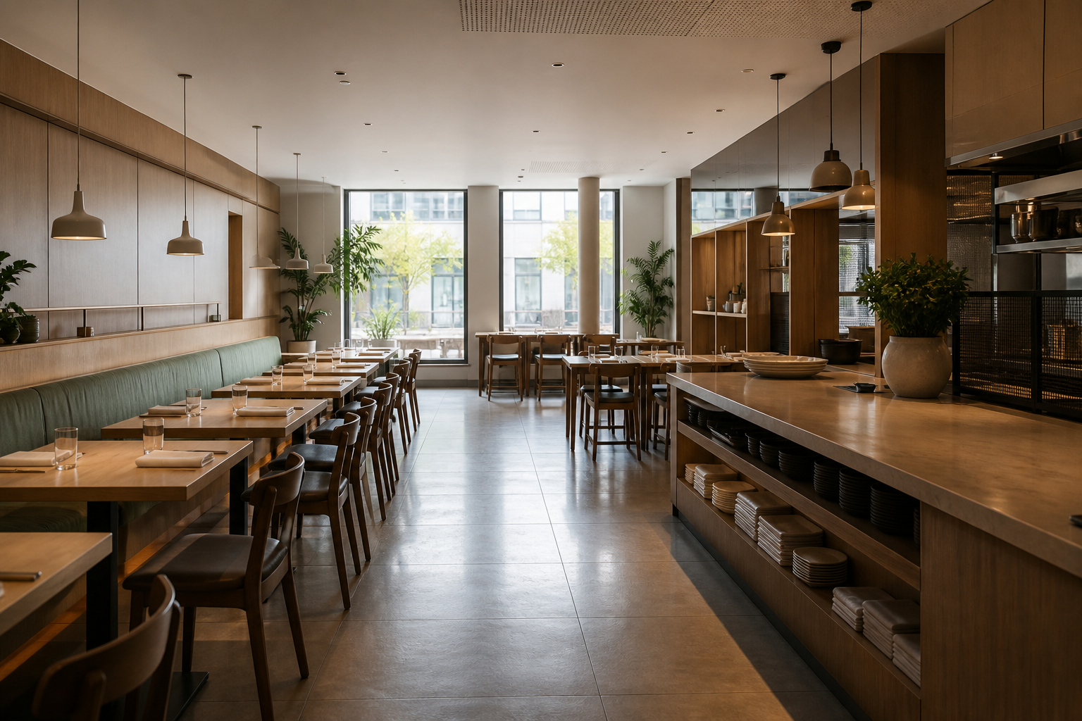 Restaurante profissional organizado e preparado antes da abertura