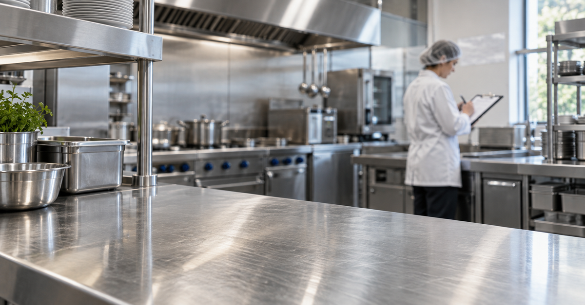 Cozinha profissional limpa com responsável a verificar os procedimentos de higiene